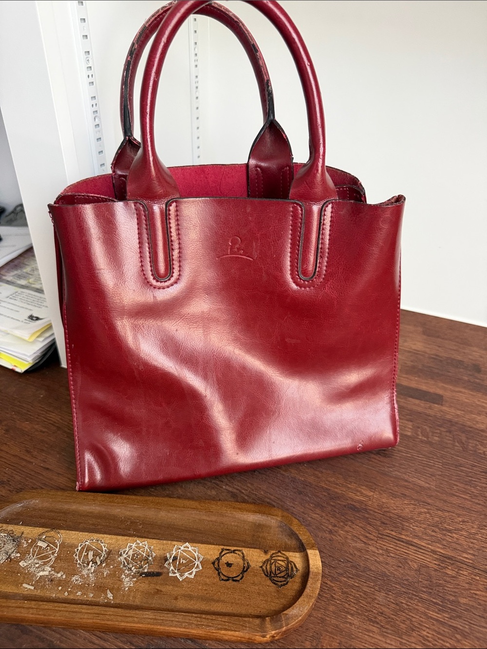 Structured Red Leather Tote with Top Handles